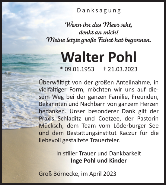 Traueranzeige von Walter Pohl von Volksstimme Staßfurt