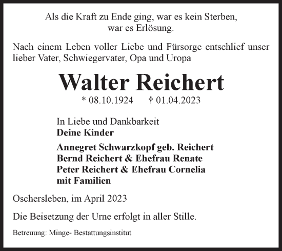 Traueranzeige von Walter Reichert von Volksstimme Oschersleben/Wanzleben