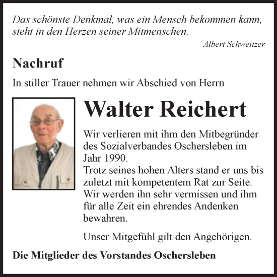Traueranzeige von Walter Reichert von Volksstimme Oschersleben/Wanzleben