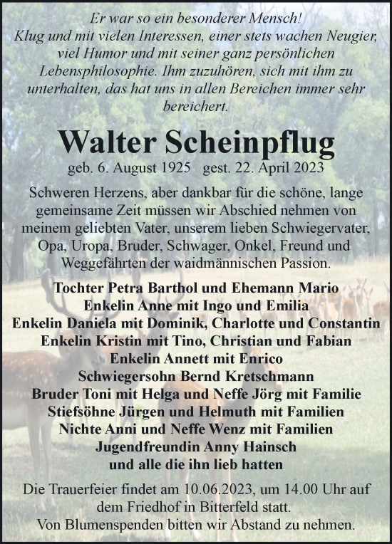 Traueranzeige von Walter Scheinpflug von Trauerkombi Bitterfeld
