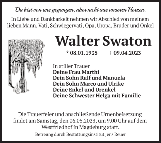 Traueranzeige von Walter Swaton von Volksstimme Magdeburg