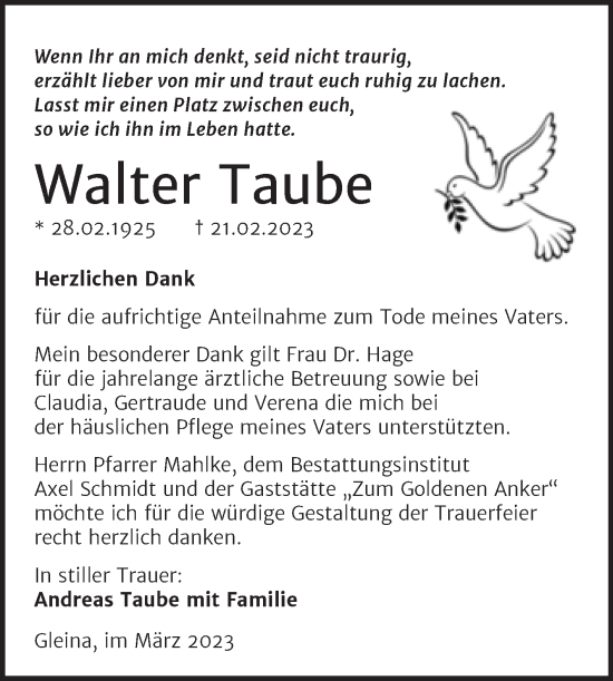 Traueranzeige von Walter Taube von Naumburger Tageblatt