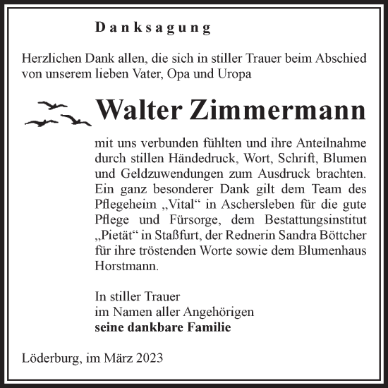 Traueranzeige von Walter Zimmermann von Volksstimme Staßfurt
