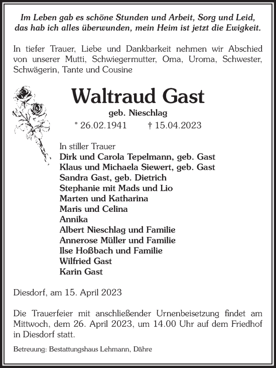 Traueranzeige von Waltraud Gast von Volksstimme Altmark West