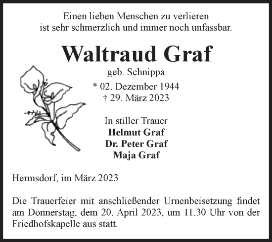 Traueranzeige von Waltraud Graf von Volksstimme Magdeburg