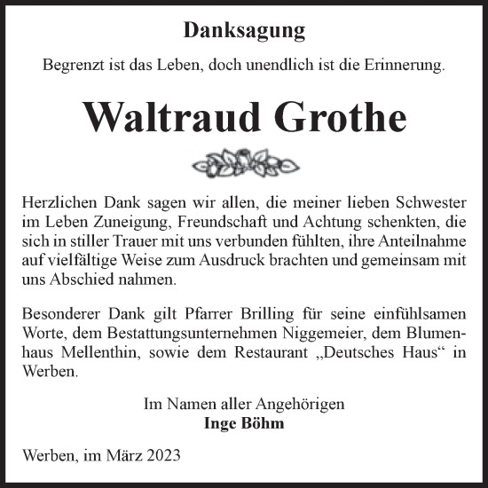 Traueranzeige von Waltraud Grothe von Volksstimme Altmark Ost