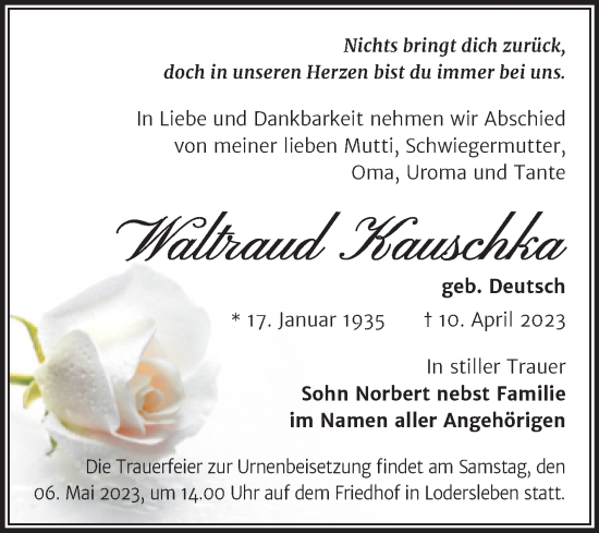 Traueranzeige von Waltraud Kauschka von Trauerkombi Merseburg