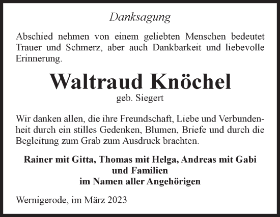 Traueranzeige von Waltraud Knöchel von Volksstimme Wernigerode