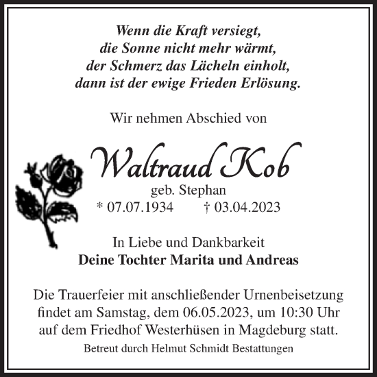 Traueranzeige von Waltraud Kob von Volksstimme Magdeburg