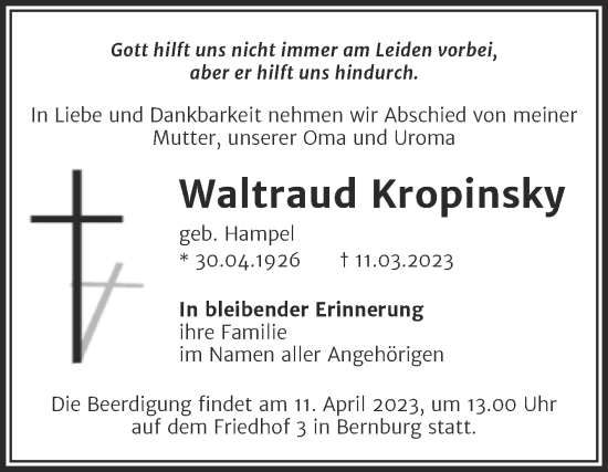 Traueranzeige von Waltraud Kropinsky von Trauerkombi Bernburg