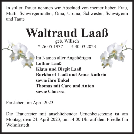 Traueranzeige von Waltraud Laaß von Volksstimme Haldensleben/Wolmirstedt