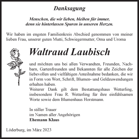 Traueranzeige von Waltraud Laubisch von Volksstimme Staßfurt