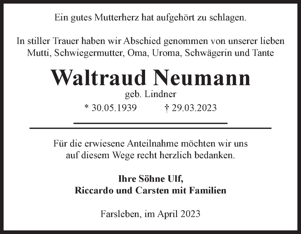  Traueranzeige für Waltraud Neumann vom 01.04.2023 aus Volksstimme Haldensleben/Wolmirstedt