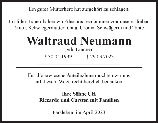 Traueranzeige von Waltraud Neumann von Volksstimme Haldensleben/Wolmirstedt