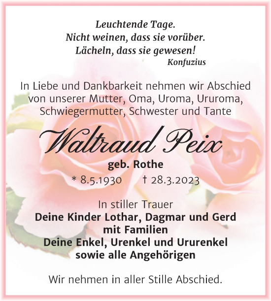 Traueranzeige von Waltraud Peix von Trauerkombi Weißenfels