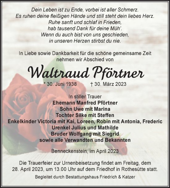 Traueranzeige von Waltraud Pförtner von Volksstimme Wernigerode