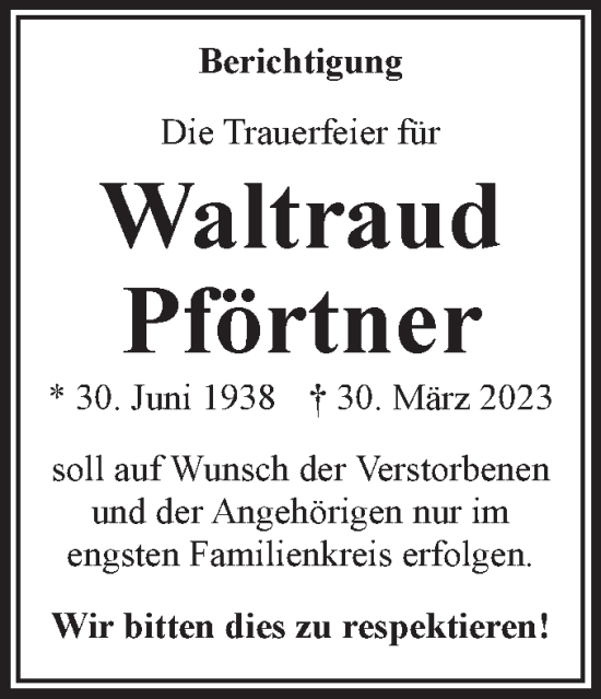 Traueranzeige von Waltraud Pförtner von Volksstimme Wernigerode