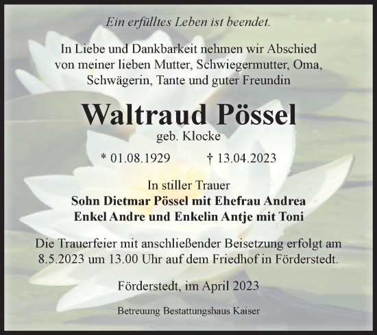 Traueranzeige von Waltraud Pössel von Volksstimme Staßfurt