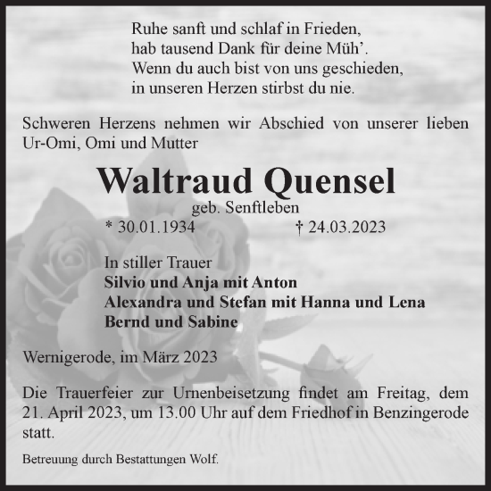 Traueranzeige von Waltraud Quensel von Volksstimme Wernigerode