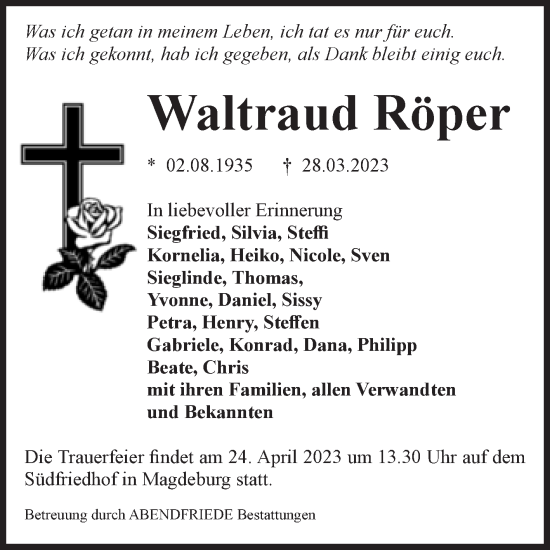 Traueranzeige von Waltraud Röper von Volksstimme Magdeburg
