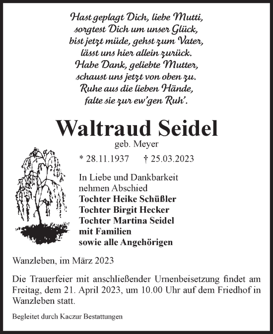 Traueranzeige von Waltraud Seidel von Volksstimme Oschersleben/Wanzleben
