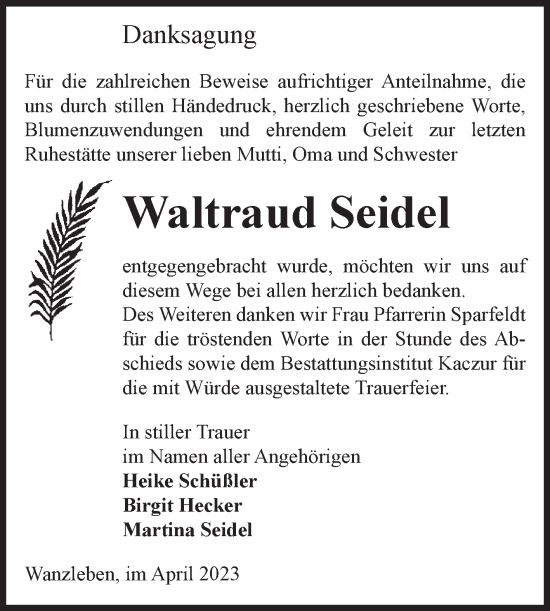 Traueranzeige von Waltraud Seidel von Volksstimme Oschersleben/Wanzleben