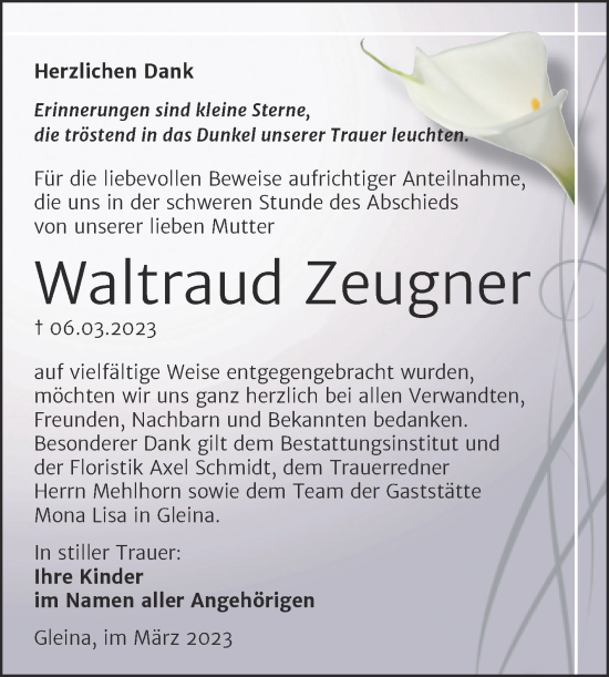 Traueranzeige von Waltraud Zeugner von Wochenspiegel Naumburg/Nebra