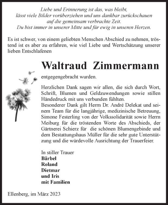 Traueranzeige von Waltraud Zimmermann von Volksstimme Altmark West
