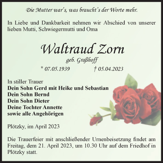 Traueranzeige von Waltraud Zorn von Volksstimme Schönebeck