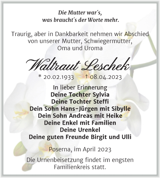 Traueranzeige von Waltraut Leschek von Trauerkombi Weißenfels