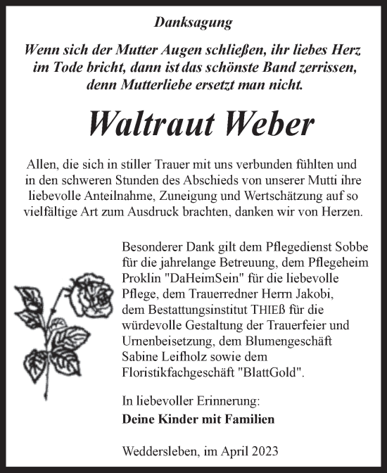 Traueranzeige von Waltraut Weber von Trauerkombi Quedlinburg