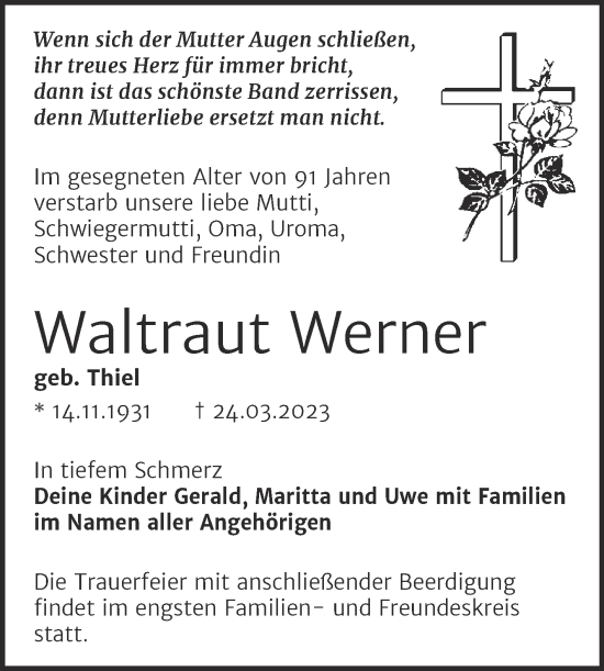 Traueranzeige von Waltraut Werner von Trauerkombi Sangerhausen