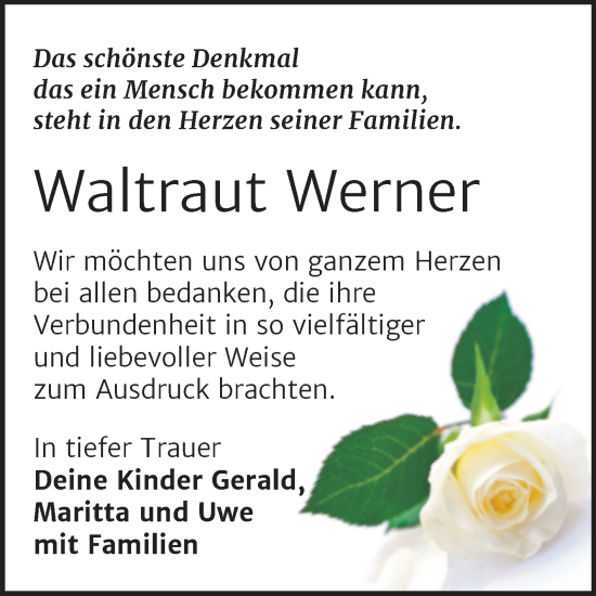 Traueranzeige von Waltraut Werner von Trauerkombi Sangerhausen
