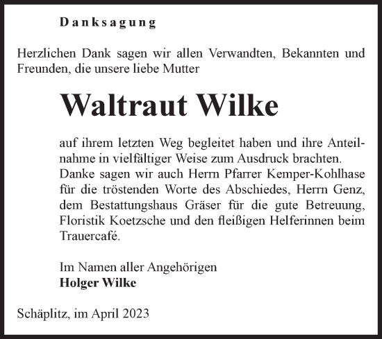 Traueranzeige von Waltraut Wilke von Volksstimme Altmark Ost