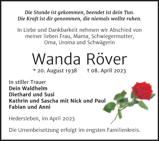 Traueranzeige von Wanda Röver von Trauerkombi Quedlinburg