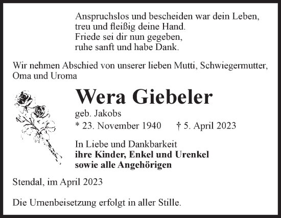Traueranzeige von Wera Giebeler von Volksstimme Altmark West