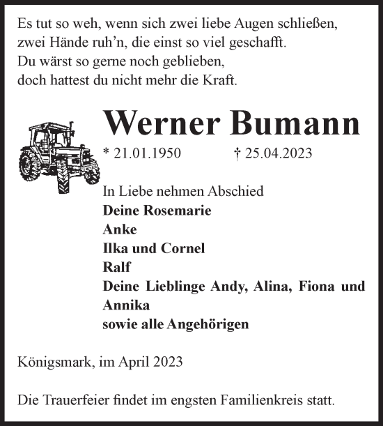 Traueranzeige von Werner Bumann von Volksstimme Altmark Ost