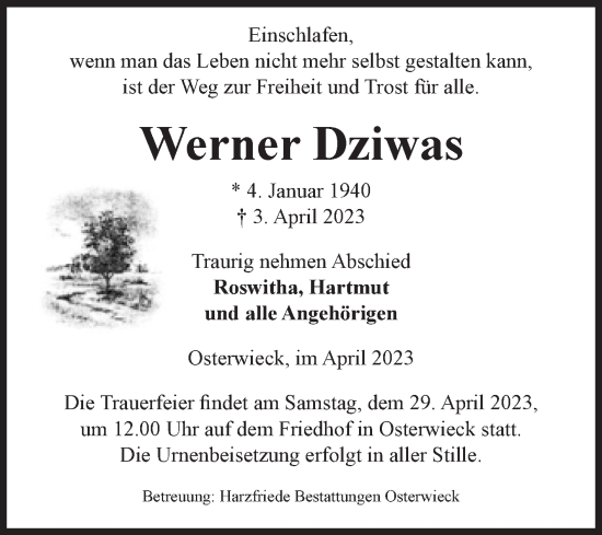 Traueranzeige von Werner Dziwas von Volksstimme Halberstadt