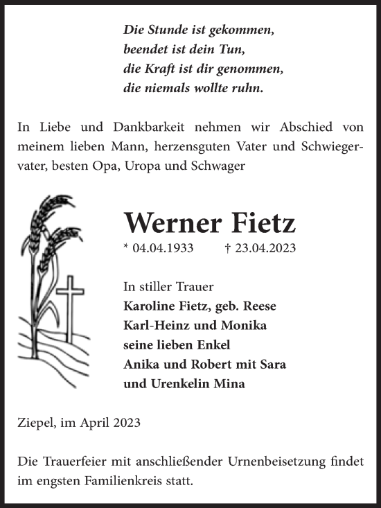 Traueranzeige von Werner Fietz von Volksstimme Burg/Genthin