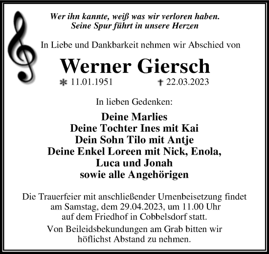 Traueranzeige von Werner Giersch von Trauerkombi Wittenberg