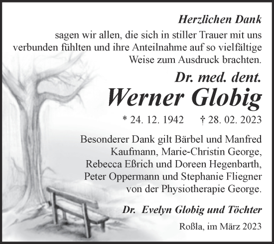 Traueranzeige von Werner Globig von Trauerkombi Sangerhausen