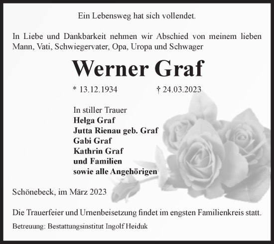 Traueranzeige von Werner Graf von Volksstimme Schönebeck