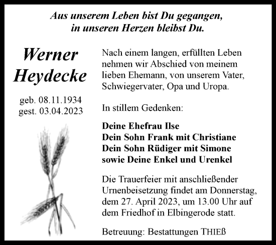 Traueranzeige von Werner Heydecke von Volksstimme Wernigerode