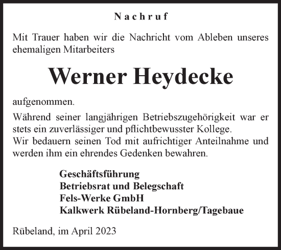 Traueranzeige von Werner Heydecke von Volksstimme Wernigerode