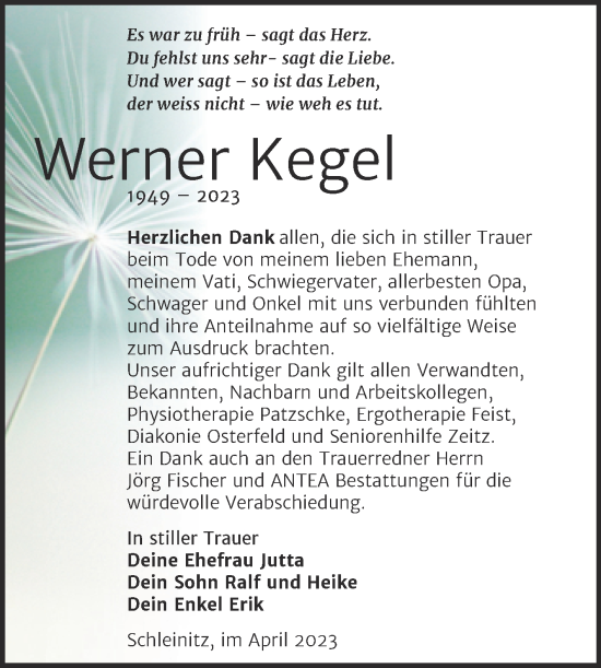 Traueranzeige von Werner Kegel von Trauerkombi Zeitz