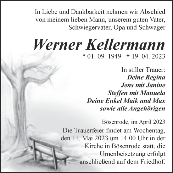 Traueranzeige von Werner Kellermann von Trauerkombi Sangerhausen