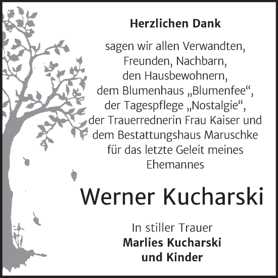 Traueranzeige von Werner Kucharski von Trauerkombi Bitterfeld