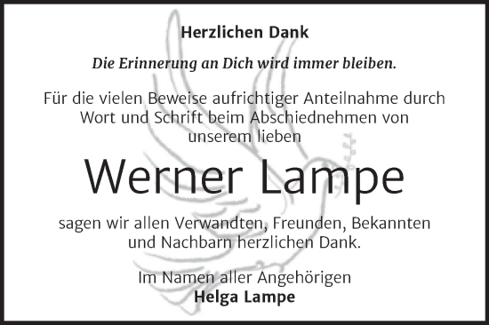 Traueranzeige von Werner Lampe von Trauerkombi Aschersleben