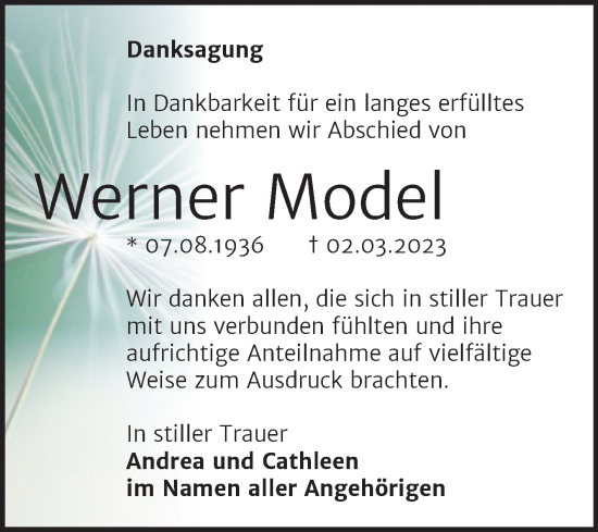 Traueranzeige von Werner Model von Trauerkombi Mansfelder Land