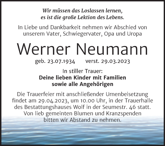Traueranzeige von Werner Neumann von Trauerkombi Weißenfels